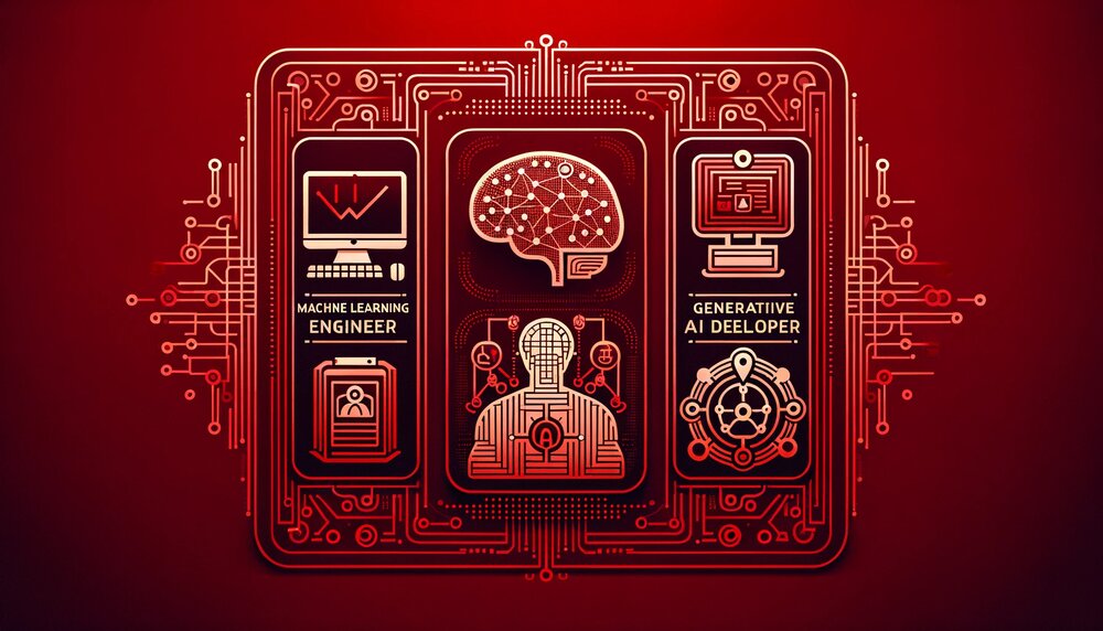 A digital collage Showing the top 5 AI/ML jobs today, with icons representing Machine Learning Engineer, Generative AI Developer, AI Data Scientist, AI Solutions Architect, and AI Prompt Engineer, interconnected by digital and neural networks. The background is red.