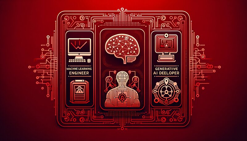 /imagine prompt: A digital collShowing the top 5 AI/ML jobs today, with icons representing Machine Learning Engineer, Generative AI Developer, AI Data Scientist, AI Solutions Architect, and AI Prompt Engineer, interconnected by digital and neural networks. The background is red.