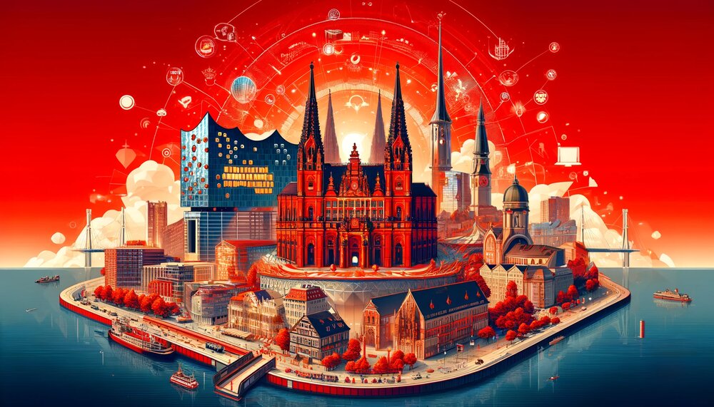 Ein futuristisches, digital gestaltetes Bild zeigt eine malerische Stadtansicht. Dominierend in der Mitte ist ein großes, historisches Gebäude mit mehreren Türmen, umgeben von modernen Gebäuden und ikonischen Wahrzeichen. Der Hintergrund ist in einem auffälligen Rot gehalten, mit digitalen und technologischen Symbolen, die über die Skyline schweben. Im Vordergrund befindet sich ein Wasserweg mit mehreren Booten und Brücken.